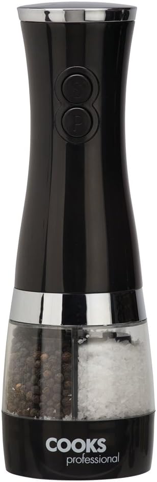 Cooks Professional 2 in 1 Automatic Dual Salt & Pepper Mill, Battery Powered Condiment Grinder, Refillable Black & Stainless Steel Shaker