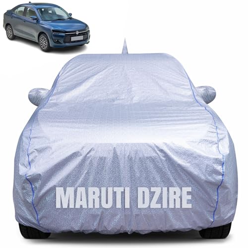 Image of 100% Waterproof Car Body Cover for Maruti Suzuki Swift Dzire (2017-2024) with Mirror Pocket, Heat & UV Resistant, Triple Stitched, Soft Lining, Bottom Elastic & Piping (Silver Reflective)