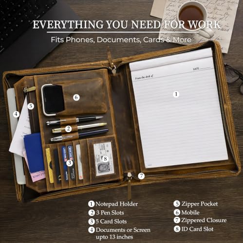 Image of Rustic Town Business Durable Leather Padfolio Easy to Carry Many Slots, Compartments and Holders Professional Organizer with A Zippered Closure for Men and Women