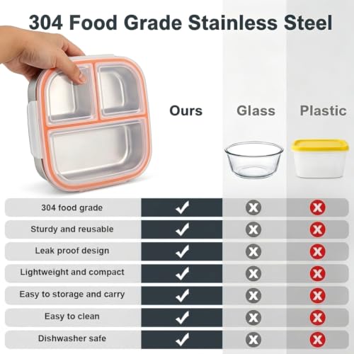 Image of Supvox Steel Tiffin Box for Kids, Snack Box for Kids with Airtight Seal | 3-Compartment Food Container, BPA Free Clear Lid, Portable Bento Box for School Office Travel, 600ml