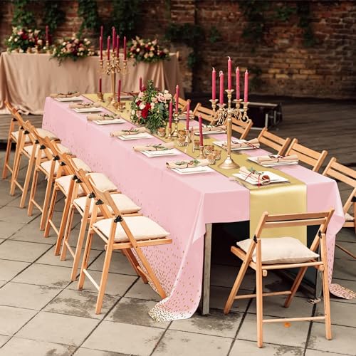 Image of Breling 24 Pack Pink and Gold Disposable Plastic Tablecloths and Satin Table Runner Set, 54 x 108 Inch Tablecloth, 12 x 108 Inch Table Runners for Wedding Graduation Birthday Baby Shower