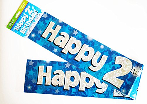 Happy 2nd Birthday Banner Age Boy Blue Holographic...