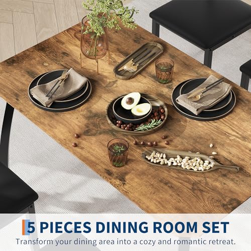 Garvee Dining Table Set for 4, Modern Metal & Wood Dining Room Table Set for 4 with Chamfered Edge & Cushion Seats, Space-Saving for Breakfast Nook, Apartment, Small Space, Dinette, Retro