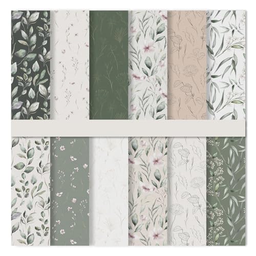 JarThenaAMCS 24 Sheet Greenery Pattern Paper Green Eucalyptus Leaves Scrapbook Specialty Paper Vintage Decoupage Double Sided Decor Craft, New Born Gender Reveal Baby Bridal Shower Junk Journal