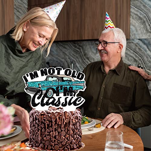 Xiliconie I'm Not Old I'm Classic Cake Topper, Vintage Car Birthday Cupcake Single Sided Toppers 40Th 50Th 60Th 70Th Birthday Party Decorations Supplies Glitter Black For Men(Blue Car) #TOP3