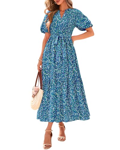 BTFBM Summer Dresses for Women 2026 Boho Short Sleeve V Neck Button Belt Flowy Spring Clothes Beach Vacation Maxi Dress(Print Aqua Green Blue, Medium)