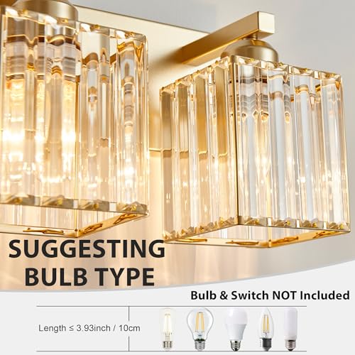 Image of Bathroom Vanity Light Fixtures Over Mirror - Makeup Lighting Pure Gold - for Modern Wall, Bath, Desk, Farmhouse, Hallway 3 Crystal Lights