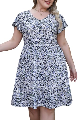 Image of Celkuser Womens Plus Size Summer Casual Midi Dress Short Ruffle Sleeve Tiered Empire Waist T-Shirt Dress with Pockets