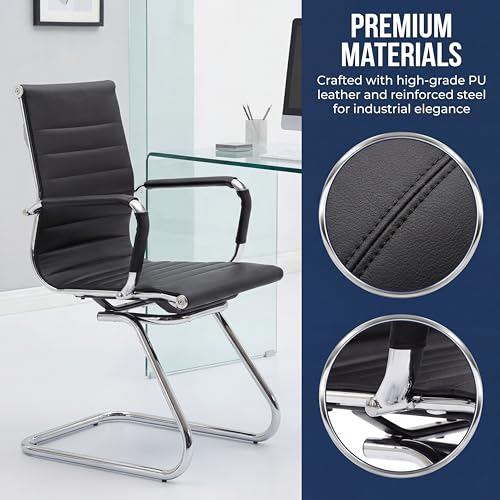 Image of Conference Room Chairs Set of 8, Faux Leather Office Guest Chairs with Arms, Reception & Waiting Room Seating, No Wheels Meeting Chairs with Mid Back Support and Chrome Sled Base, Black