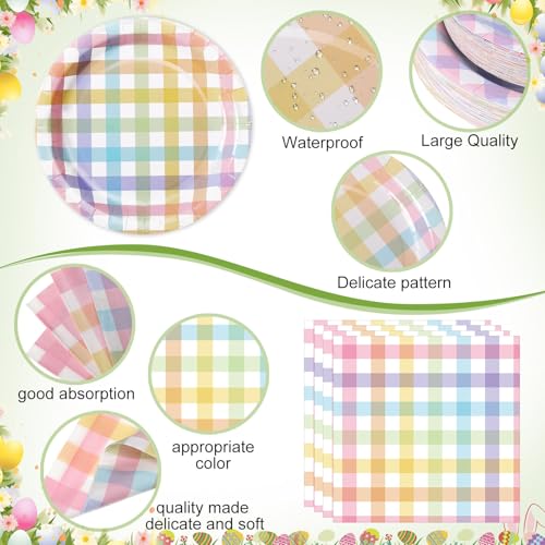Image of Funnymoom 452 Pcs Pastel Easter Party Decoration for 50, Spring Easter Paper Plates Napkins Cups Tablecloth Cutlery Straws Rainbow Pastel Gingham Plaid Tableware for Spring Birthday Party Supplies