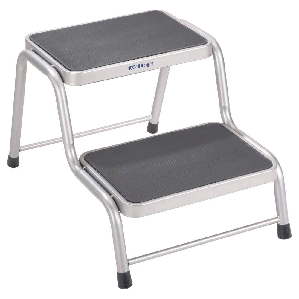 BERGER | Escalera Dos peldaños, Taburete 2 peldaños para Caravana, Peldaño Caravana, Escalon Autocaravana y Caravana, Taburete de Acero Plata/Negro escalón Antideslizante y Resistente