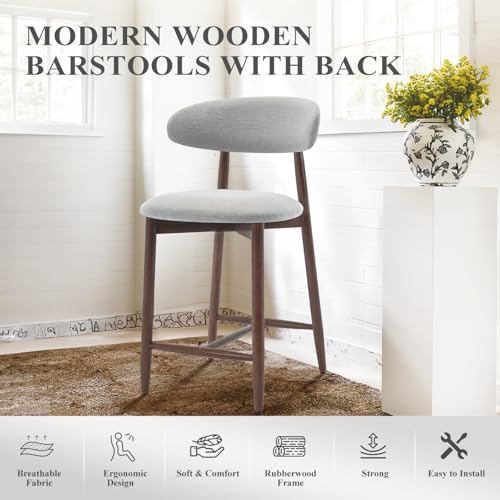 Image of Upholstered Counter Height Bar Stools, Kitchen Island Stools with Back, Modern Counter Stools Chairs with Wood Legs for Kitchen Island Dining Room, Light Grey