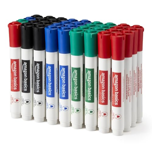 Amazon Basics Low-Odor Dry Erase Whiteboard Markers, Fine Tip, 4 Assorted Colors, 36 Count