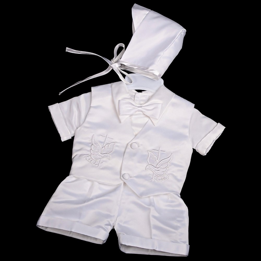 Lito Angels Satin Taufkleidung Taufanzug für Baby Junge, 4 Teiliges Taufe Weiss Anzug Set mit Taufhaube, Langarm/Kurzarm
