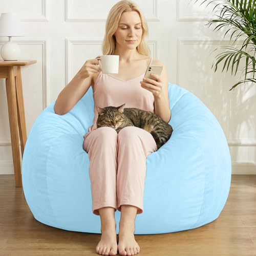 Image of Stuffed Animal Storage Bean Bag Chair Cover for Adults (No Filler), Soft Comfy Velvet Beanbag Chair Cover Machine Washable, Adults Bean Bag Chair with Handle for Living Room Bedroom,Light Blue