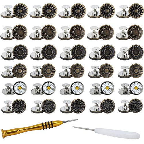 30 Sets Snaool Jean Buttons with Awl and Screwdriver, No-Sew Jeans Button,Replacement Jean Button,Reusable Jeans Buttons,Nailless Removable Jean Buttons,Used for Jeans,Pants,and More.