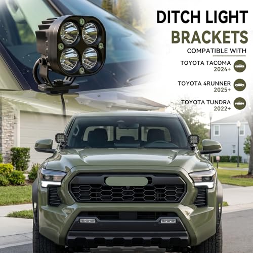 Image of Ditch Light Brackets for 2024-2026 Toyota Tacoma, 2022+ Tundra & 2025+ 4Runner, No-Drill Hood Mount Pod Light Brackets with Black-Out Hardware