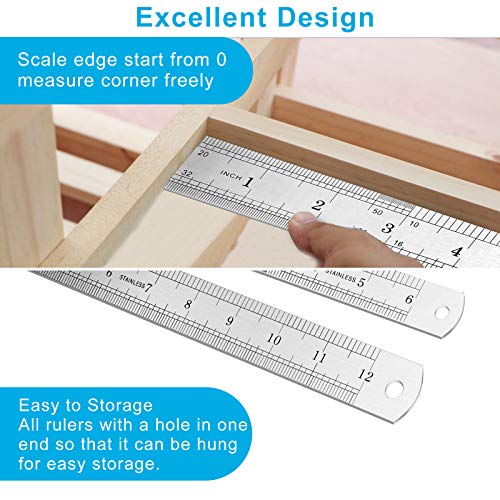 2PCS Metal Ruler, Steel Ruler with Inch and Metric, Stainless Steel Ruler Set ( 6, 12 inch), Easy to Read inch, mm, cm, for School, Office, Home, Architect, Engineers, Craft