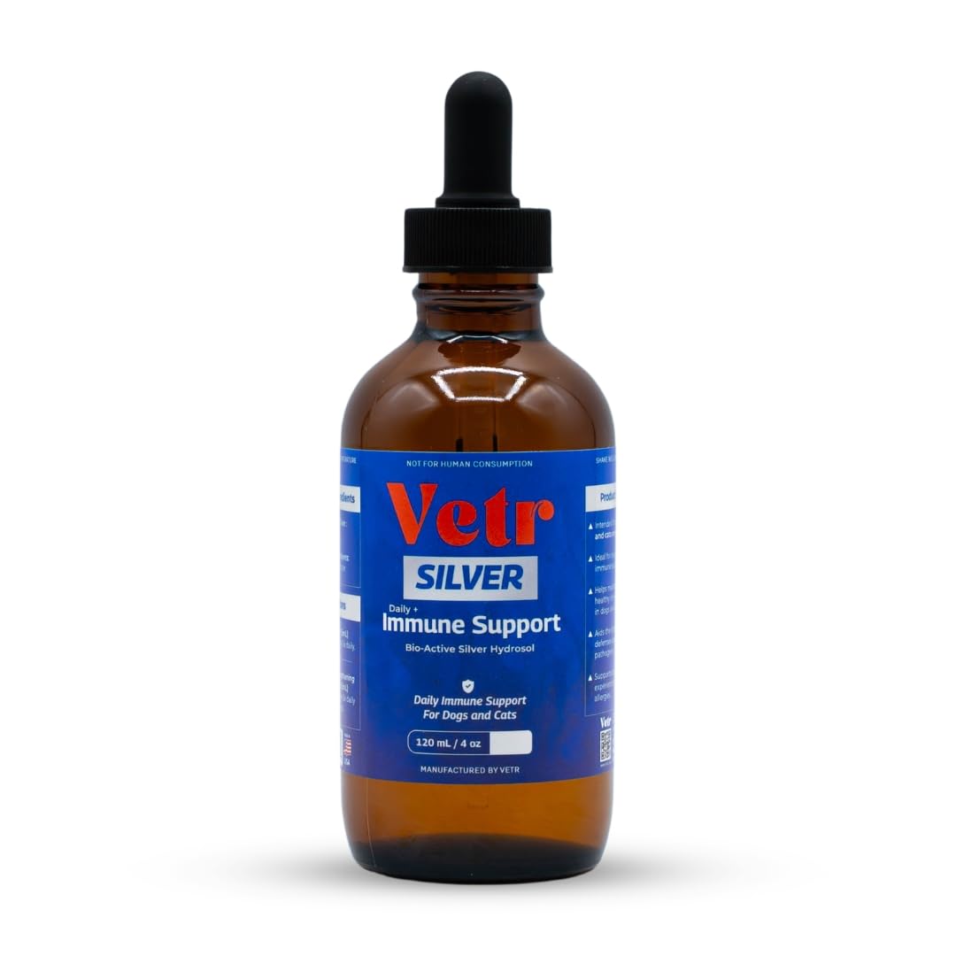 Vetr Silver Immune Support for Dogs and Cats, 4oz/120mL Liquid in Amber Bottle with Oral Dropper, Professional Grade Colloidal Silver Supplement for Daily Wellness and Seasonal Defense