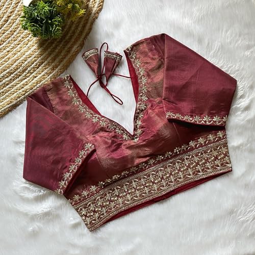 Image of Pujia Mills Women's Silk Jari Embroidery Sequence Work Round Neck Half Sleeve Readymade Blouse