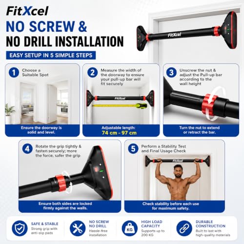 Image of Adjustable Pull-Up Bar for Home Gym - No-Screw Doorway Chin-Up Bar, 60-100 cm Adjustable Width, 200kg Weight Capacity, Strength Training & Upper Body Workout Equipment for Men & Women