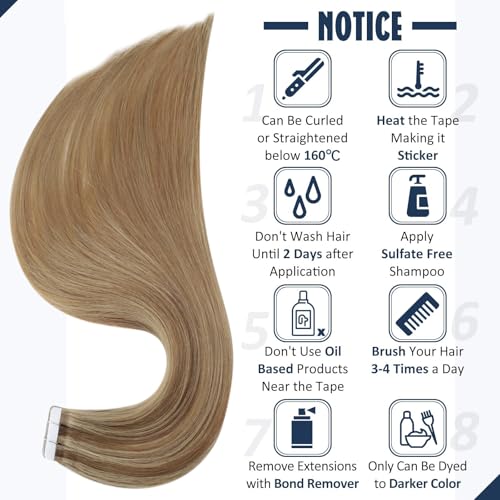 Image of Full Shine Tape in Hair Extensions Human Hair Gold Brown Highlighted Hair Extensions Tape in Color Brown Balayage 20Inch Double Sided Tape in Hair Extensions 20Pcs 50Grams for Women