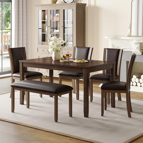 Image of KEIKI 6-Piece Standard Height Dining Table Set with Rectangular Table, 4 Upholstered Chair, Bench, for 6 Person, Farmhouse Rustic Table Set, Easy Assembly, for Kitchen, Dining Room, Dark Walnut