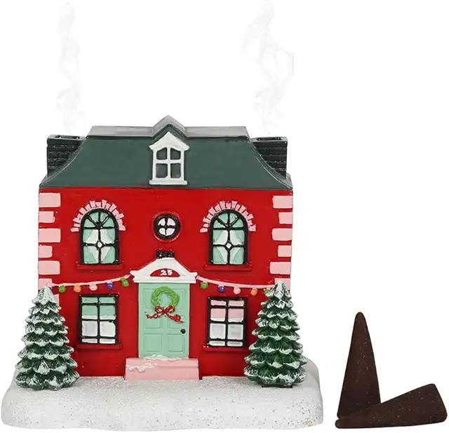 Christmas House Log Cabin Incense Cone Burner - Red, 13cm