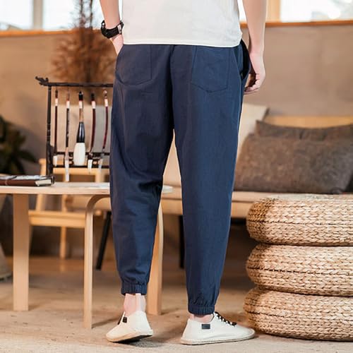 Mens Casual Cotton Linen Pants Big and Tall Elastic Drawstring Waist Pant Loose Comfy Summer Beach Pants Cinch Bottom3