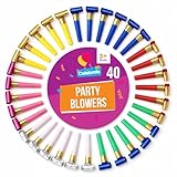 SOL 40pk Party Blowers for Party Bags Fillers for Kids, Assorted Colours Party Blowers, Durable Paper & Plastic Mouthpieces Noise Makers for Birthdays, New Year’s, Weddings, & Kids’ Celebrations