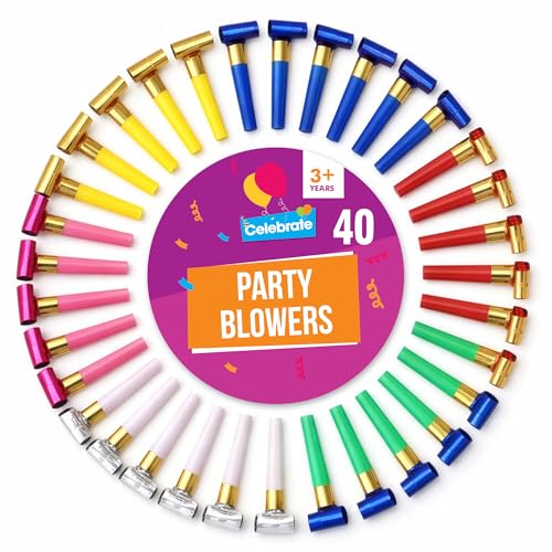 SOL 40pk Party Blowers for Party Bags Fillers for Kids Assorted Colours Party Blowers Durable Paper & Plastic Mouthpieces Noise Makers for Birthdays New Years Weddings & Kids Celebrations