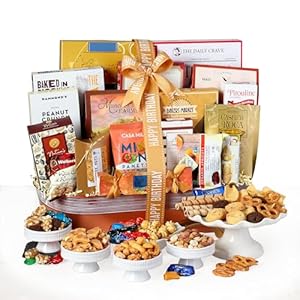 Broadway Basketeers Happy Birthday Grand Gift Basket Chocolates, Sweet, Savory, Crunchy, Packed with Birthday Fun for Mom, Dad, Family, Friends, and Business Associates, Kosher