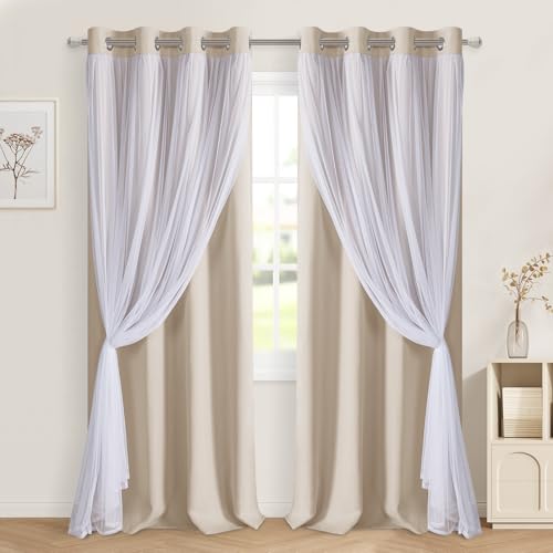 Image of DWCN Beige Blackout Curtains with Sheer Overlay with Tiebacks 108 Inch Long