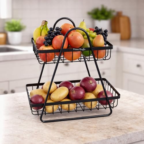 Image of 2 Tier Metal Fruit and Vegetables Basket with Handle|Fruit Vegetables Snacks and Bread Organizer for Kitchen, Dining Table, Livingroom|Bathroom Countertop Basket Stand - Black