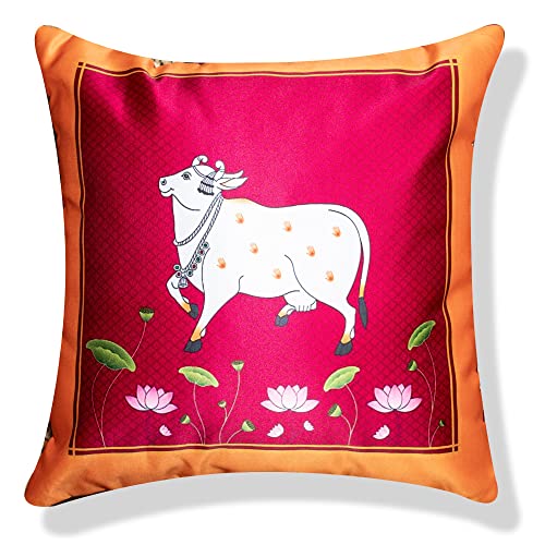 Image of Rajasthani Satin 250TC Cushion Pillow Covers, Multicolour, Set of 5 (16X16 Inches with Fillers, Cattle)