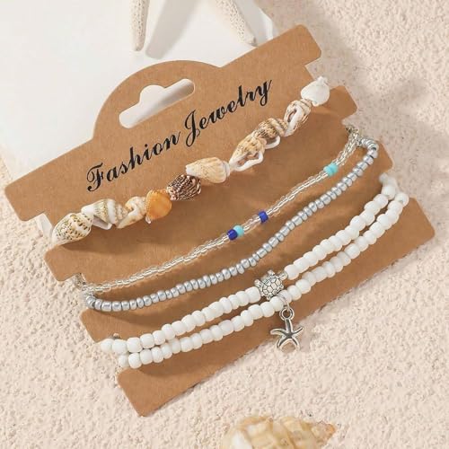 Image of Qceasiy Bead Ankle Bracelets Set For Women, Adjustable Gold Plated Boho Shell Anklet, Hawaiian Beach Seashell Pearl Disc Starfish Conch Foot Jewelry, Summer Fashion Gifts