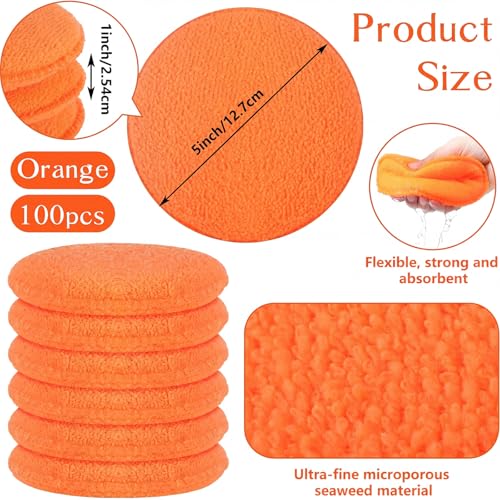 Image of Tanlade 100 Pcs Car Detailing Microfiber Applicator Pad Wax Applicator Wash Microfiber Pads, 5 Inch Diameter (Orange)