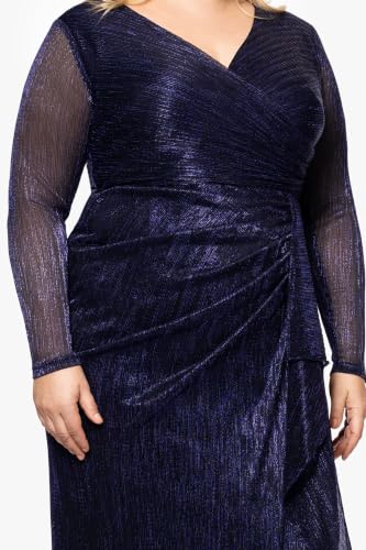 Image of Betsy & Adam Women's Plus Size Long Sheer Sleeve V-Neck Galaxy Side Ruffle Long Dress, NAV /Roy, 18W