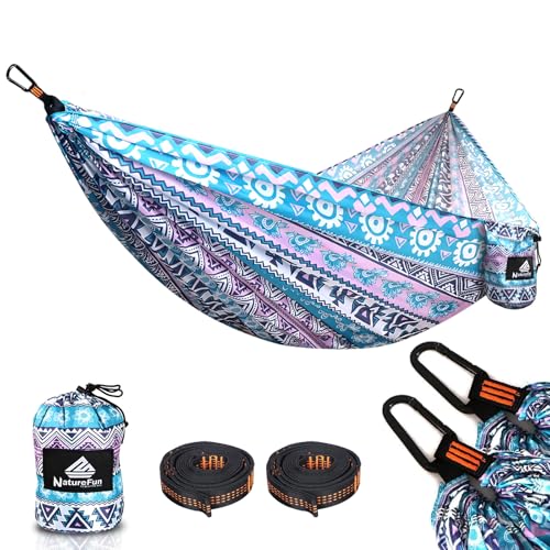 NATUREFUN Hamaca Ultraligera para Camping (275x140 cm) | 300 kg de Capacidad de Carga | Transpirable y de Secado rápido Hamaca | 2 Hierro Mosquetones, 2 Eslingas Incluidas | Interior Exterior Jardín