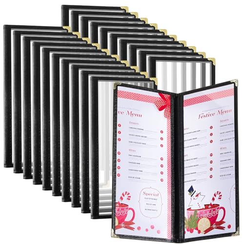 Image of Ziliny 20 Pcs 4.5 x 11 in Transparent Restaurant Menu Covers, Clear Covers | With Metal Corners, Clear PVC Sleeves, Black Folder Menu Book, 2 Page 4 View, For Wine Drinks Coffee Bars Restaurant