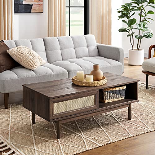 mopio Haylee Modern Boho Rectangle Farmhouse Coffee Table with Adjustable Natural Rattan Wicker Sliding Door, Solid Wood Leg, & Dual Storage Shelf for Living Room, Includes Leveler (Walnut Brown) mopio Haylee Modern Boho Rectangle Farmhouse Coffee Table with Adjustable Natural Rattan Wicker Sliding Door, Solid Wood Leg, & Dual Storage Shelf for Living Room, Includes Leveler (Walnut Brown)