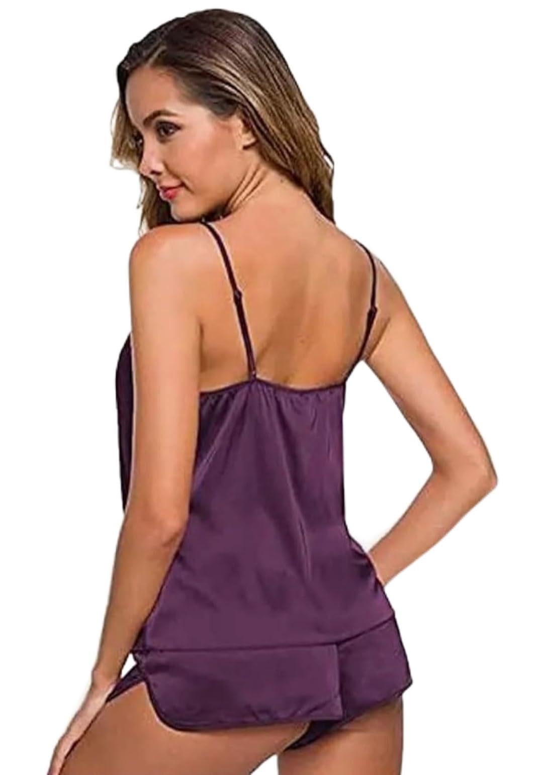 Women's Satin Cami and Shorts Pyjama Set, Purple, Sleeveless V-Neck Camisole with Shorts, 2-Piece Nightwear-image-44