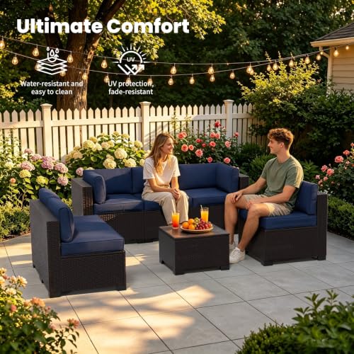 Image of 7 Piece Patio Furniture Set, Wicker Patio Conversation Sets, Outdoor Sectional Furniture with Tempered Glass Table, for Backyard, Deck, Garden, Dark Brown Rattan & Navy Blue Cushions