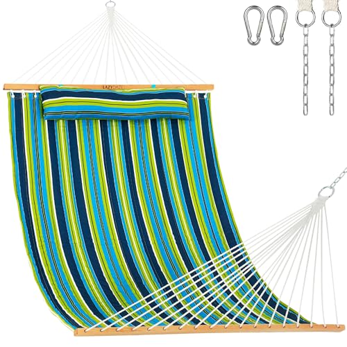 Image of Lazy Daze Double Quilted Hammock with Pillow and Carabiners, Green Stripe | 12FT 2 Person Outdoor Hammock with Hardwood Spreader Bars and Chains for Outside, 450lbs Weight Capacity