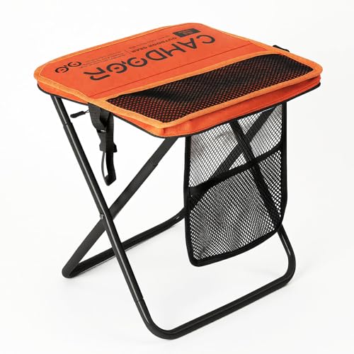 Image of CAMDOOR Portable Collapsible Stool, 16″Folding Stool with 3 Side Pockets and Shoulder Strap, Extra Large Camping Chair Supports 400 lbs, Ultralight Portable Seat for Outdoor, Hiking, Fishing