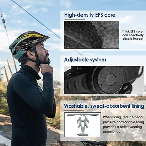 Victgoal Adults Bike Helmet for Men Women Detachable Magnetic Goggle Visor Bicycle Helmet with LED Rear Light Cycling Road Mountain Cycle Helmet (Black Cyan-V) - Image 3