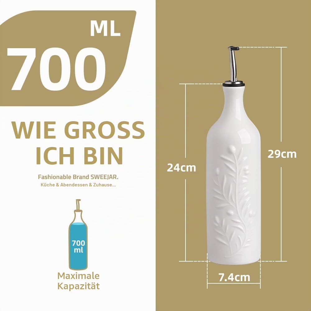 Sweejar Home Große Keramik-Olivenöl-Spenderflasche, 700 ml Relief Opaque Öl-Menage Schützt vor Oxidation, Flasche für EVOO, Essig, Sojasauce, Nebelblau
