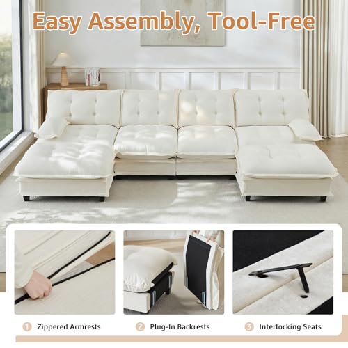 Image of 77 inch U-Shaped Sectional Couches for Living Room, Beige 2 Seater Modern Chenille Deep Seat Sofa Set, Salas para Casa, High Back Love Seat Couches, Cloud Modular Sectional Sets with 2 Ottoman