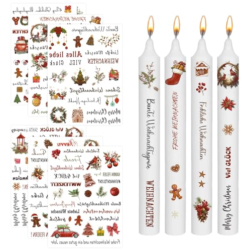 6 Bunte Kerzentattoos Weihnachten + 4 Weiße Stabkerzen (1,5x17cm) -...