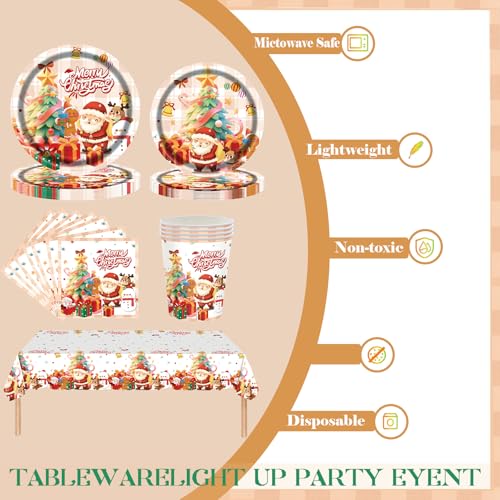 69pcs Christmas Party Tableware Plastic Table Cloth,Paper Plates Napkins Serviettes and Cups,Merry Christmas Decorations Santa Snowman Dinnerware Set for Winter Holiday Xmas Party Table Decorations - Image 3